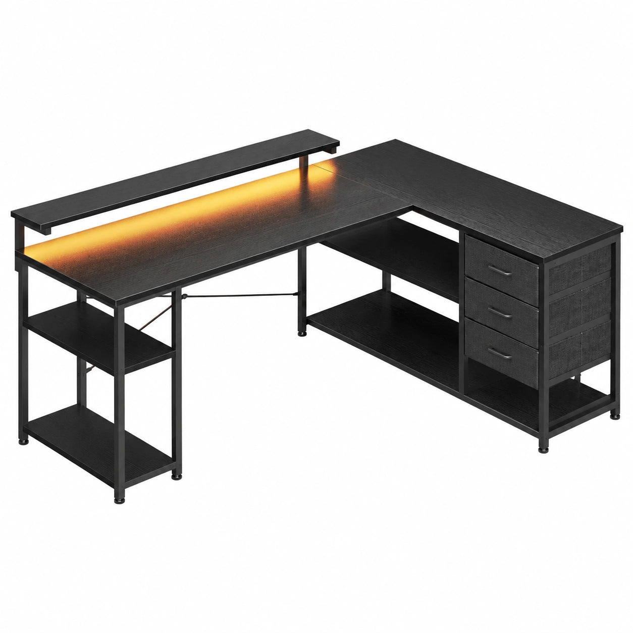 Schreibtisch – 155 × 110 cm, mit LED-Beleuchtung, mit Schubladen, Schwarz - orviloq